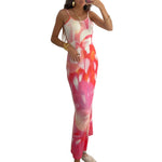 Summer Tie-Dye Floral Print Backless Party Dress Women Sleeveless Spaghetti Strap Sexy Bodycon Dress for Vacation Cocktail Beach