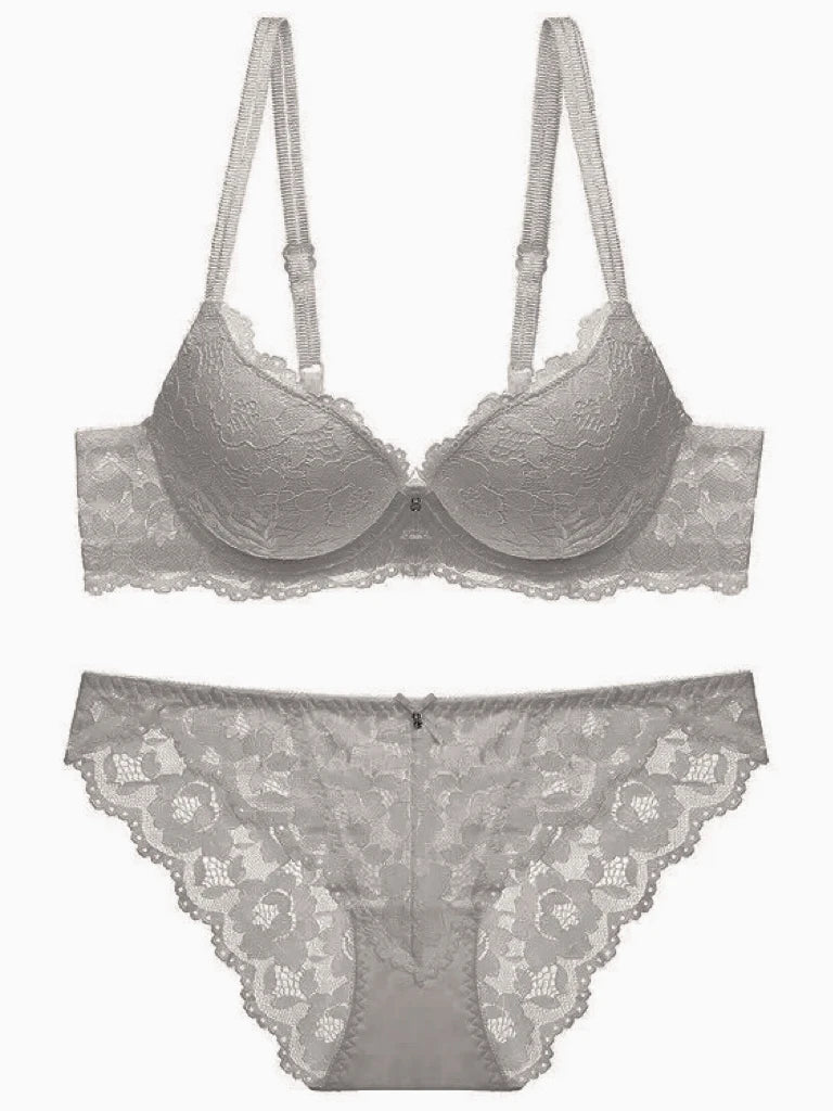Women's Underwear Set Sexy Hollow Lace Floral Bow Padded Push up Bra Suitable for Small Busts Sexy Bras and Panties
