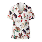 Women's Satin Christmas Pajama Set Short Sleeve Lapel Christmas Elements Print Shirt Shorts Two Pieces Sleepwear