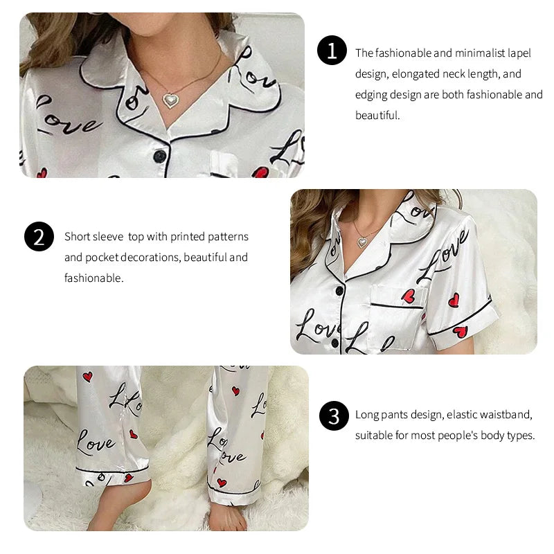 Women's Sleepwear Heart & Letter Print Pajamas Lounge Set Autumn Long Sleeve Buttons Top & Pants Loungewear Pyjama Pijama Femme