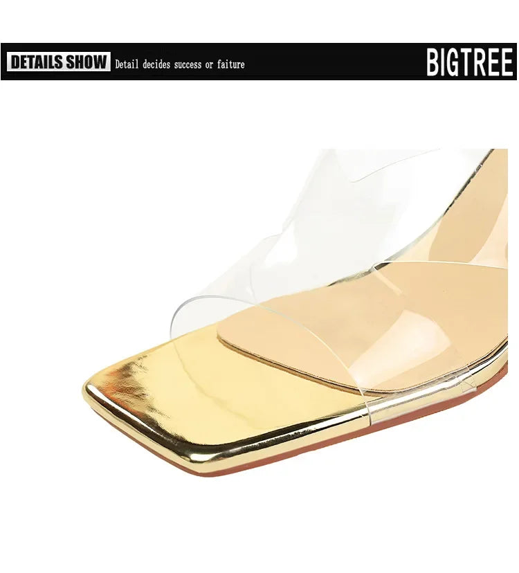 BIGTREE Sexy Silver PVC Transparent Crystal Womens Slippers 2026 Summer Square Toe Thin High Heels Sandals Ladies Shoes