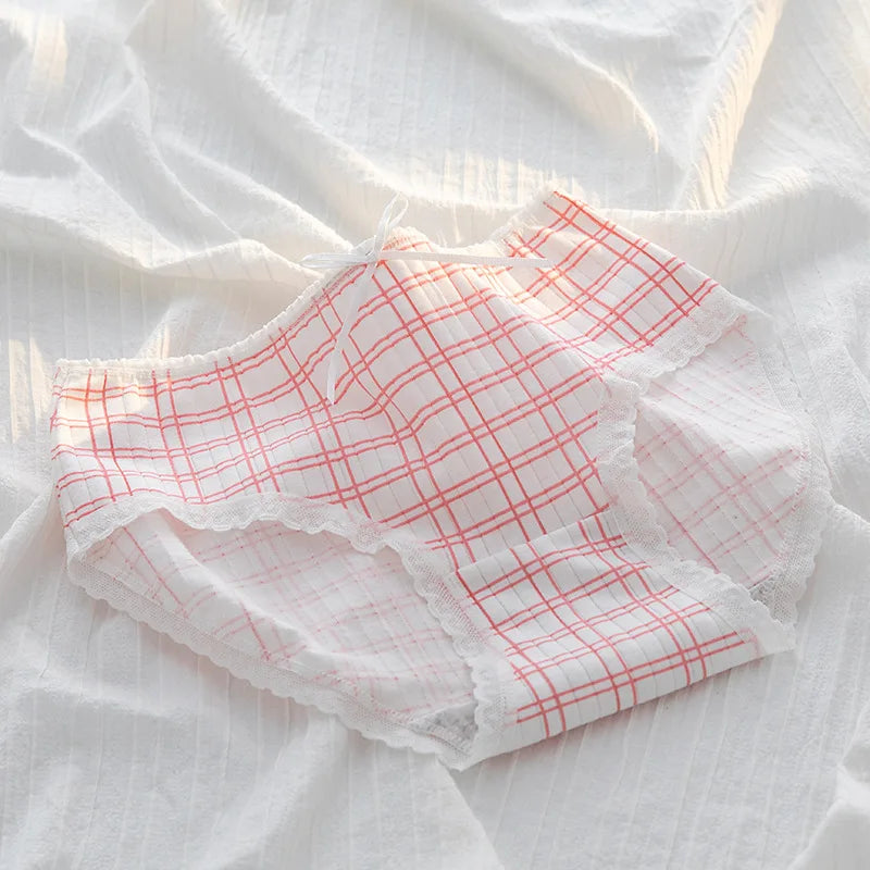 1 Pack Kawaii Rabbit Heart Print Briefs with Ruffles Trim Women's Mid-Rise Cotton Panties Soft Ribbed Underwear Lingerie M-XL
