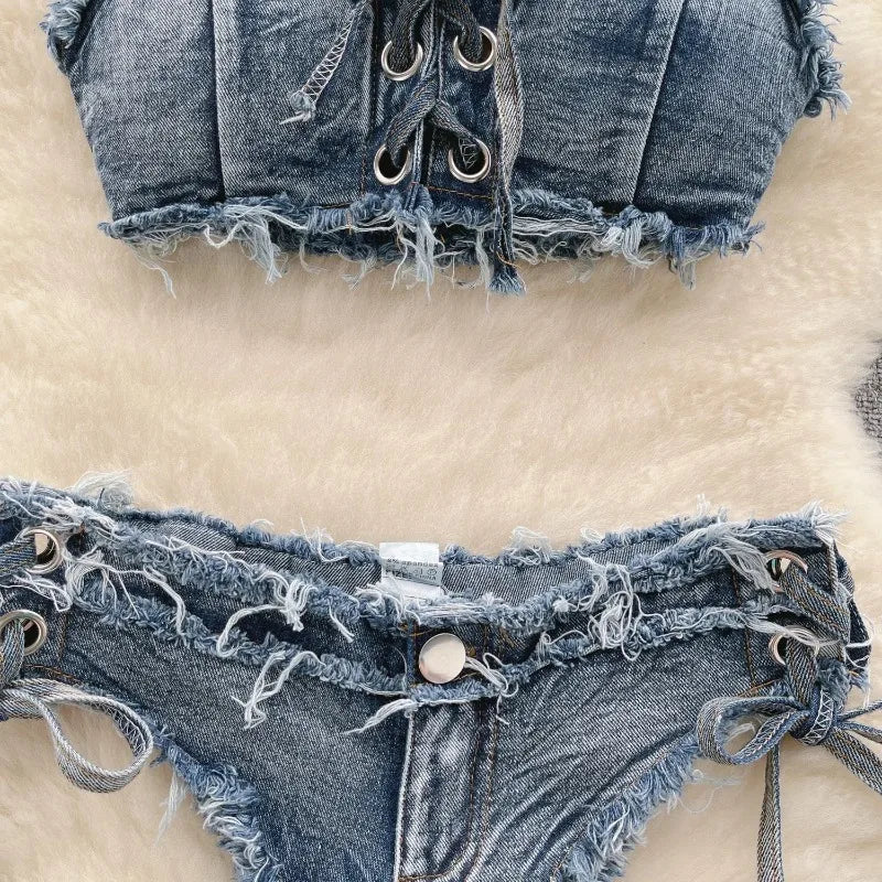 Bathing Suit Women Sexy Denim Suits Bikini Set Lace Up Drawstring Beachwear 2025 Solid Summer Vintage Two-pieces Swimwear