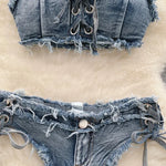 Bathing Suit Women Sexy Denim Suits Bikini Set Lace Up Drawstring Beachwear 2025 Solid Summer Vintage Two-pieces Swimwear