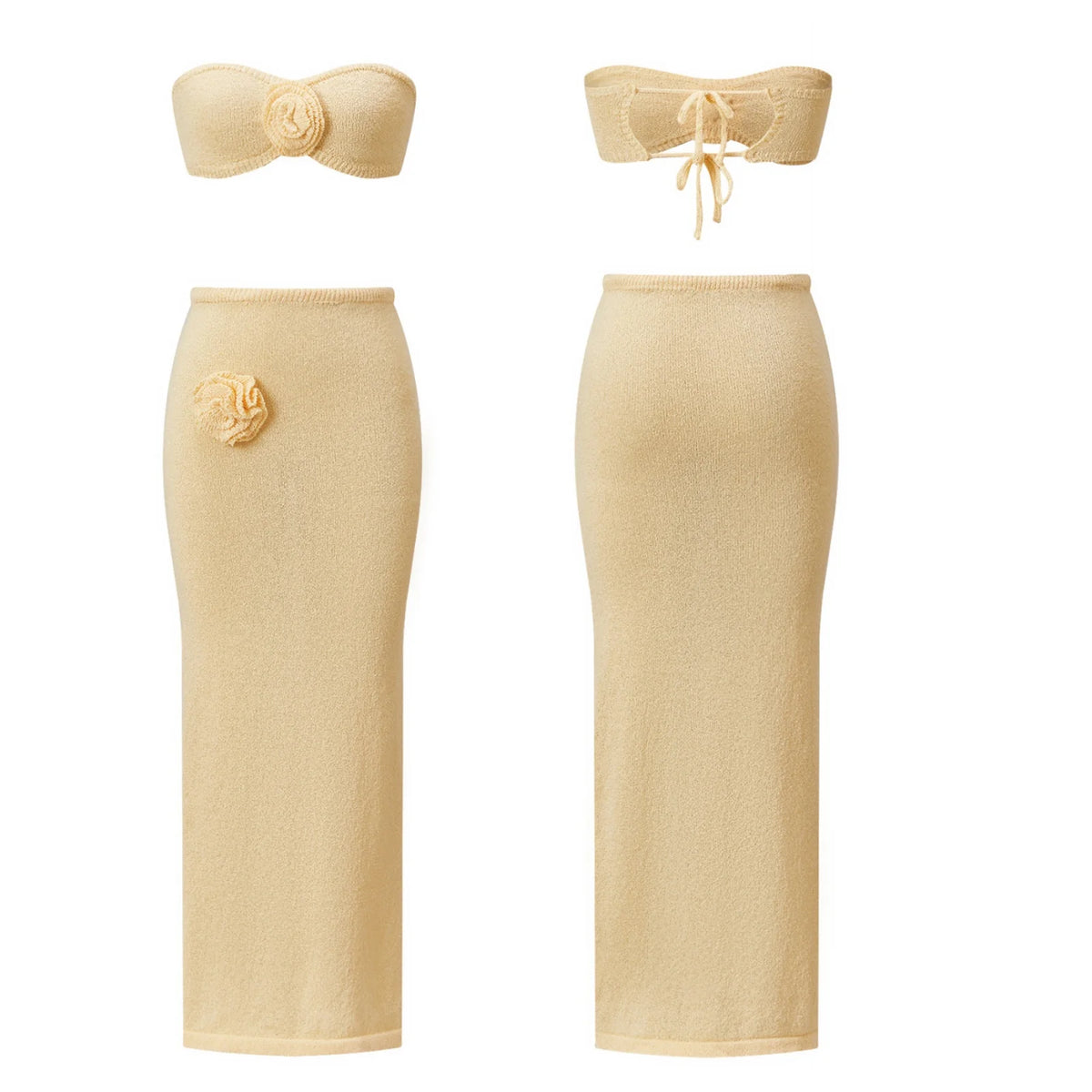 Women’s Two Piece Knit Summer Outfits Strapless 3D Flower Tube Tops and Long Skirt Set Beachwear Sexy Club Holiday Clothes
