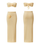 Women’s Two Piece Knit Summer Outfits Strapless 3D Flower Tube Tops and Long Skirt Set Beachwear Sexy Club Holiday Clothes
