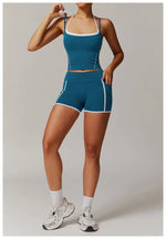 Yoga Shorts Sets Fake Two Piece Hanging Neck Shockproof Vest High Waist Pants Fitness Suit Breathable Women's Tight Sports Set