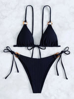 Sexy Rib Texture Triangle String Bikini Set Women Push Up Padded Thong Swimsuit Female Cut Out Bathing Suit Swimwear Biquini