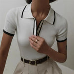 Women Short Tops Short-Sleeve Patchwork Color Lapel Tops with Buttoned Neckline Regular Fit Knitting Tops