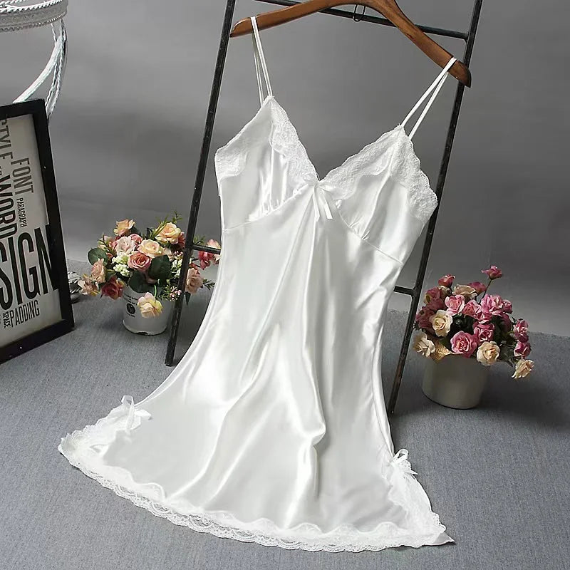 Women Satin Nightdress Lace Trim Slip Dress Sexy Spaghetti Strap Sleepwear Silky Smooth Nightgown Elegant Lingerie Home Wear