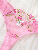 Women's Pink Floral Embroidery Lingerie Set Half Cup Push Up Bra And Thong Sheer Mesh Lace Comfortable Sexy Underwear ZA824026