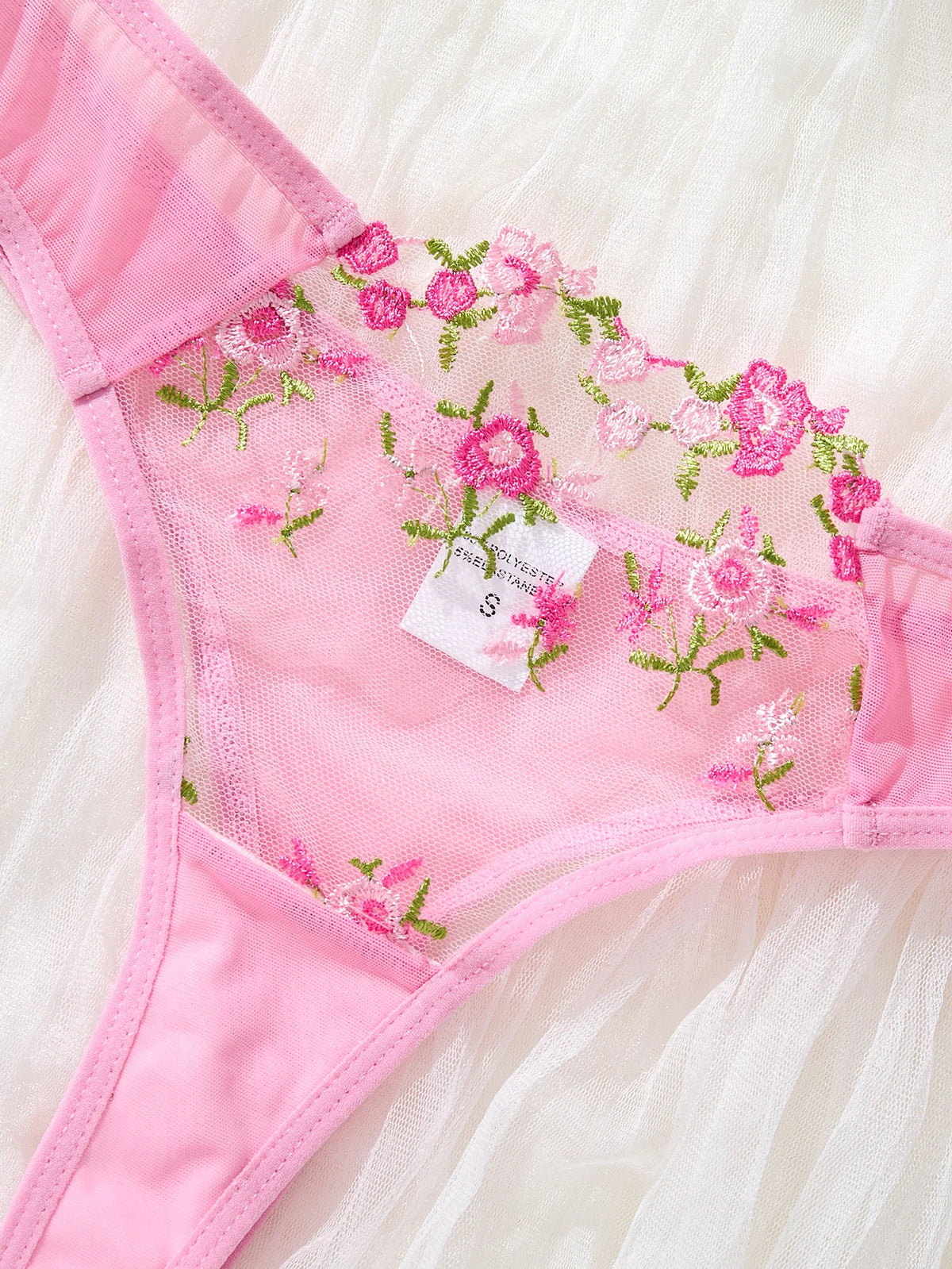 Women's Pink Floral Embroidery Lingerie Set Half Cup Push Up Bra And Thong Sheer Mesh Lace Comfortable Sexy Underwear ZA824026