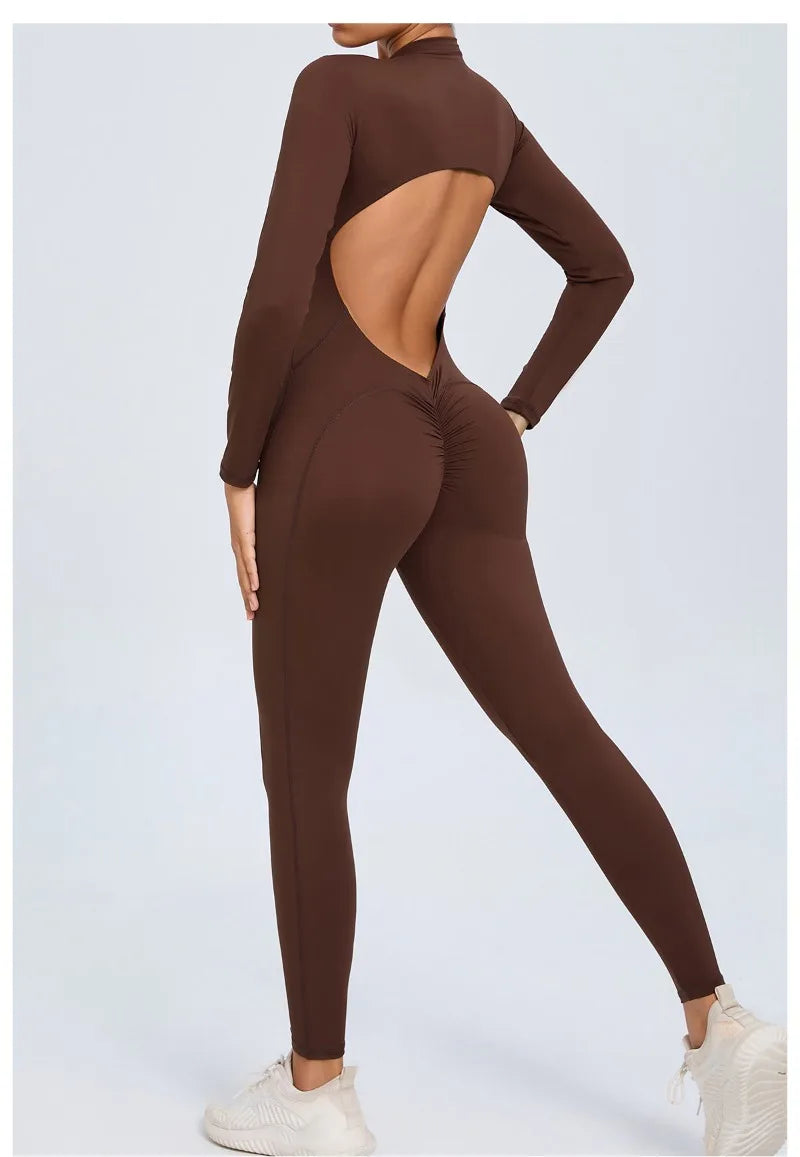Women's Seamless Yoga Bodysuit Long Sleeve Zipper & Back Cutout Naked Feeling Quick-Dry Running Fitness Workout Jumpsuit