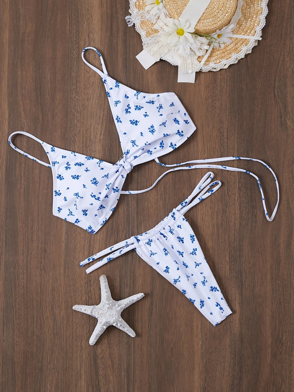 Sexy blue floral print front knot bikinis sets two pieces thong swimsuit Swimwear bathing suit beach outfits biquini tankini