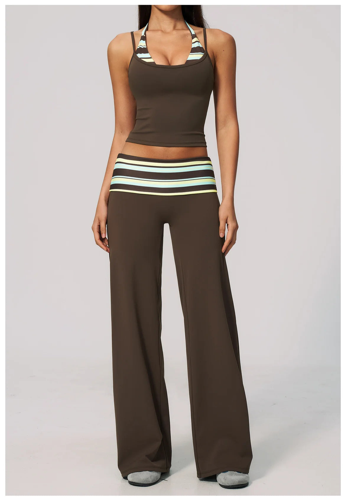 Women's 2 Piece Yoga Set Halter Neck Crop Top Fold Over Waist Wide Legged Flare Trousers Polka Dot Striped Gym Workout Running