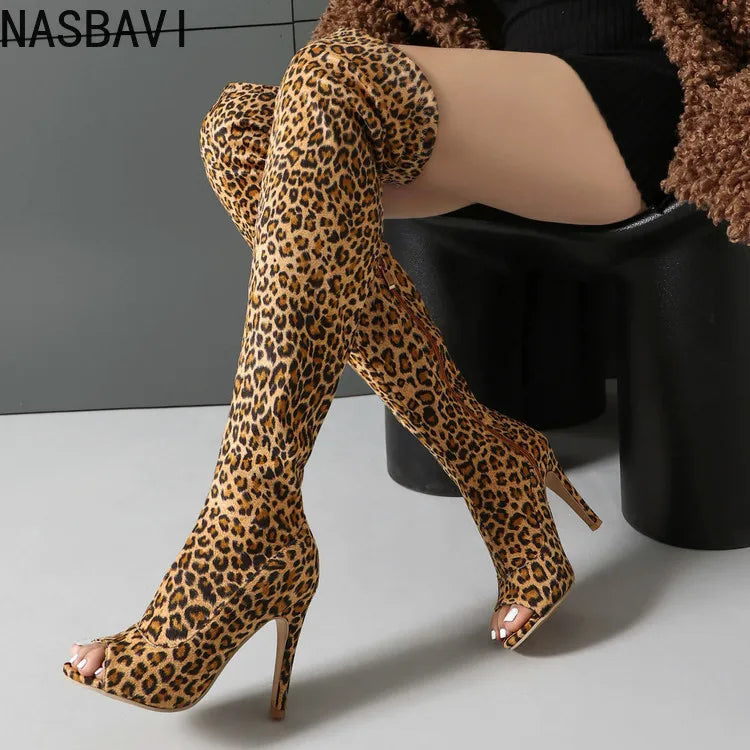 NASBAVI Super High Slim Heel Peep Toe Hollowed Boots Zipper Elastic Boots Leopard Print Flock Material Over The Knee Boots 35-48