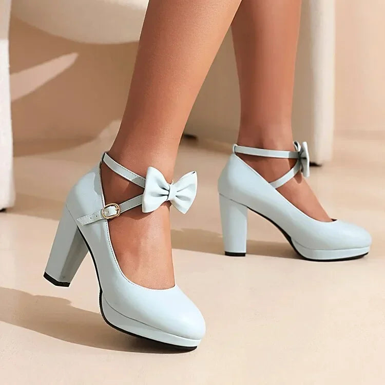 Spring and Autumn New Style Fashion Round Head High-heeled Women's Shoes Sweet Bow Shallow Mouth Buckle Thick Heel Women Shoes