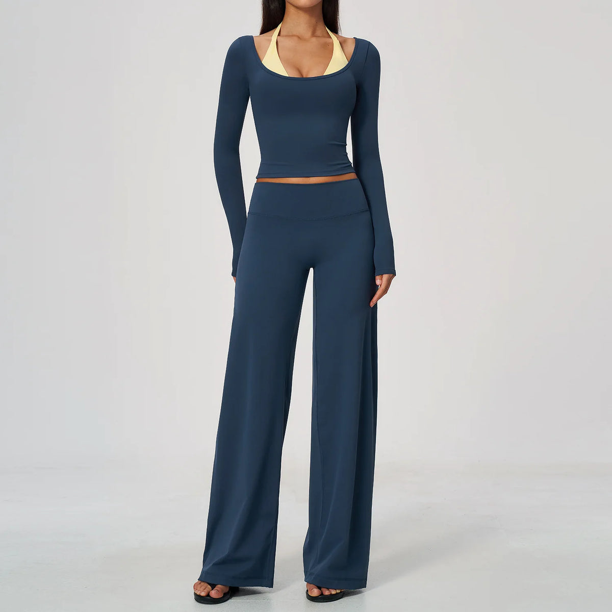 Women 2 Piece Yoga Set Gym Clothing Fitness Suit Workout Tracksuit Running Sportswear Outfits Layered Long Sleeve Wide Leg Pants