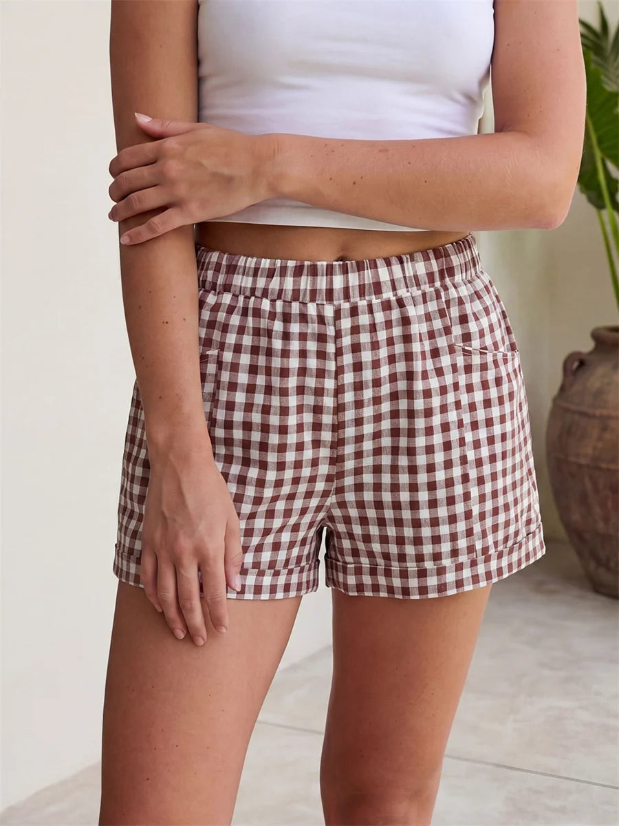 Summer Women's Loose Plaid Shorts Elastic Waist Wide Leg Shorts with Pockets Daily Lounge Casual Going Out Short Pants
