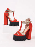 Women's Flock Suede Leather T-Strap Platform Sandals Chunky High Heels Elegant Sandals Sexy Party Shoes Rose red England 34-43
