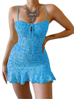 Floral Print Spaghetti Strap Dresses Women Sexy Low Cut Hollow Out Leace-up Package Hip Ruffles Mini Dress Female Vestidos 2024