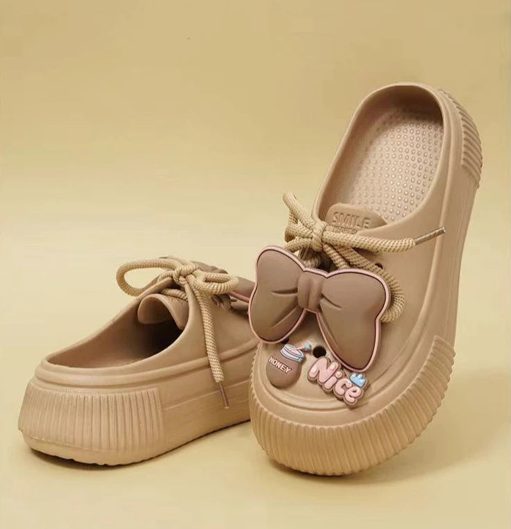 2025 New Slippers DIY Bow Platform Sandals for Women Summer Thick Sole Beach Slides Woman Flowers Non Slip Clogs Garden Shoes