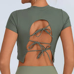 Yoga Short Sleeved T-shirt Women Hollow Back Bandage Tie Cross Sports Tank Top with Chest Gym Running Active Wear Fitness Shirts
