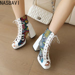 White Floral Embroidered Peep Toe Lace-Up Chunky Block Heel Platform Hollow Out Ankle Sandal Boots for Women