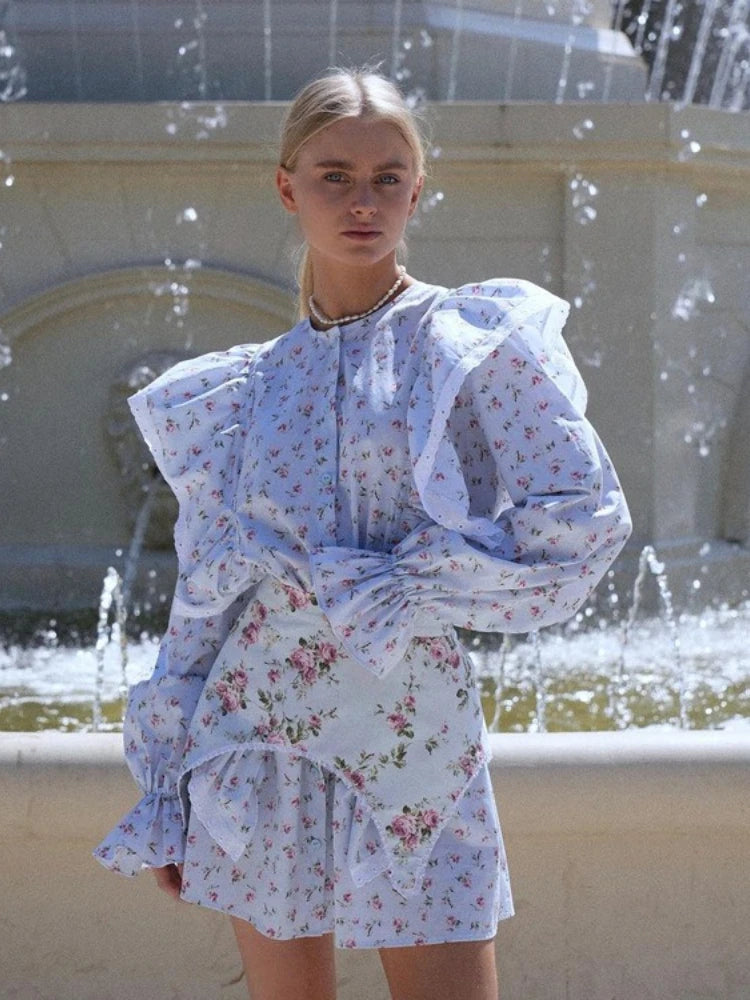 FDYOUI Women's O-neck Single Breasted Ruffles Floral Dress with Corset Ladies Chic Long Sleeve Tunics Shirts Dresses High Street