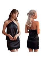 Women's Summer Satin Skirt Outfits Lace Trim Sleeveless Halter Camisole Tops with Mini Skirt 2 Piece Sets Retro Daily Date Wear