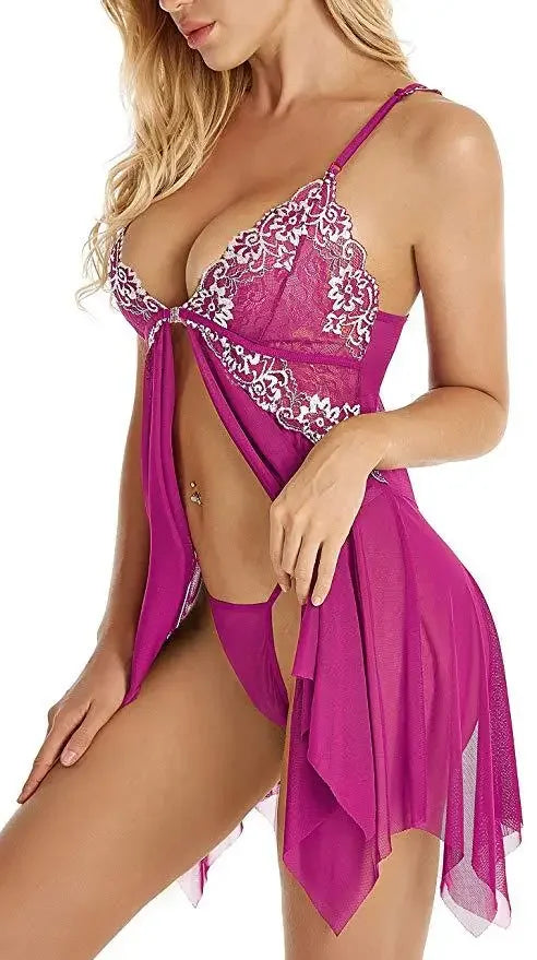 Toucheart Sexy Lingerie Set Women's Lace Nightgown Mesh See-through Suspender Dress Lace Patchwork Sexy Ultra Thin Pajama Set