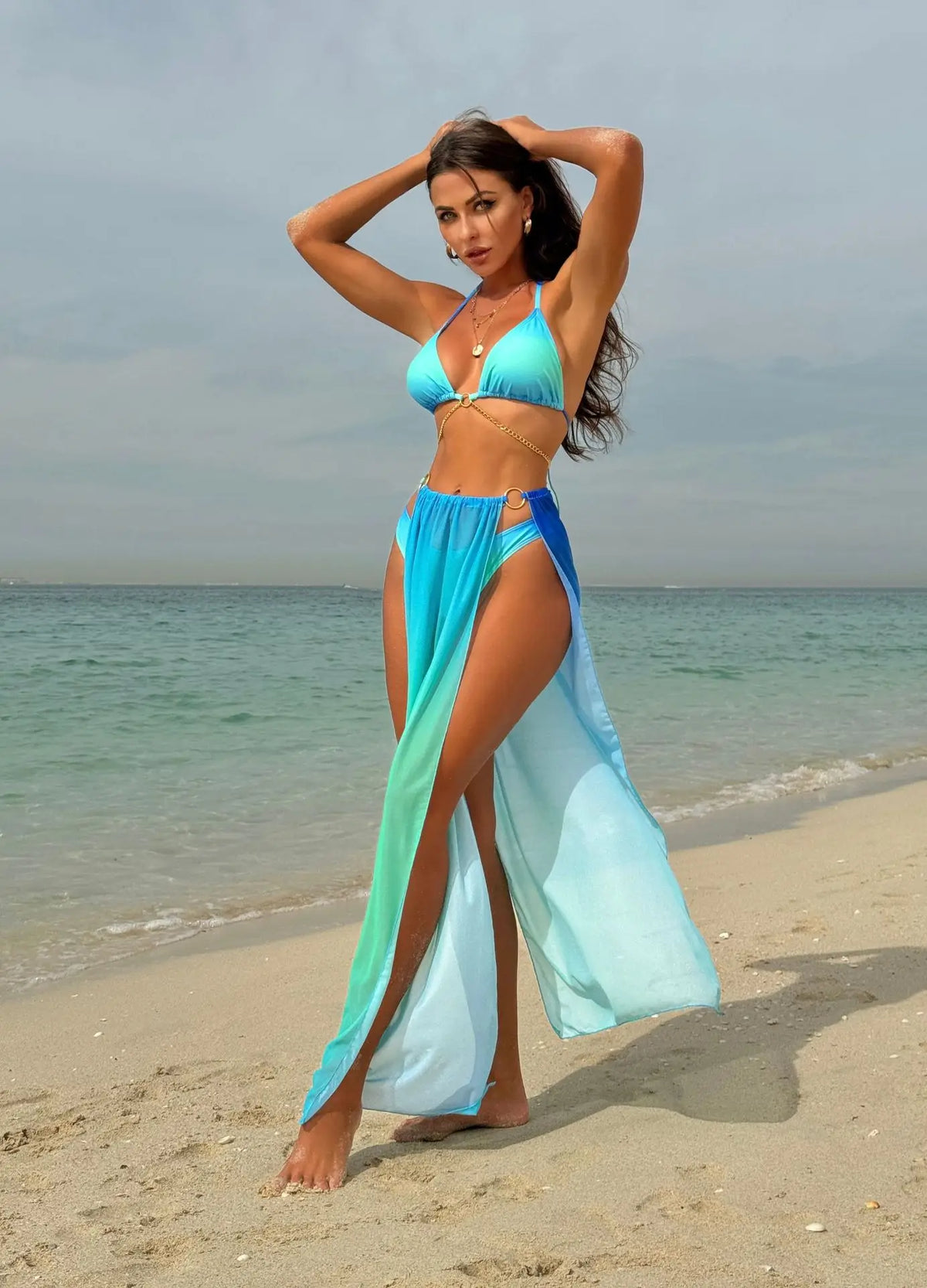 3 Pieces Thong Bikini Set 2026 Swimsuit Women & Kimono Swimwear Sexy Gradient Metal Criss Cross Bathing Suit Cover Up Bikinis