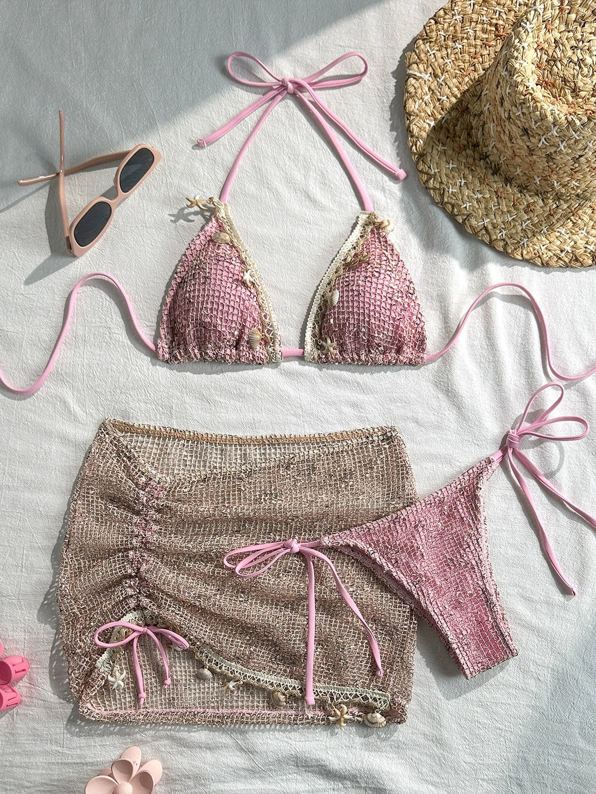 DEKA Knitted Mesh Halter Tie 3 Pieces Bikinis Sets with Package Skirt Swimsuits Beachwear Swimwear Biquini Купальник Женский