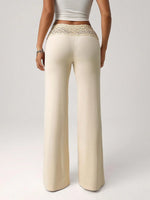 2026 New Women Elegant Solid Color Lace Trim High Waist Wide Leg Pants Casual Loose Palazzo Trousers
