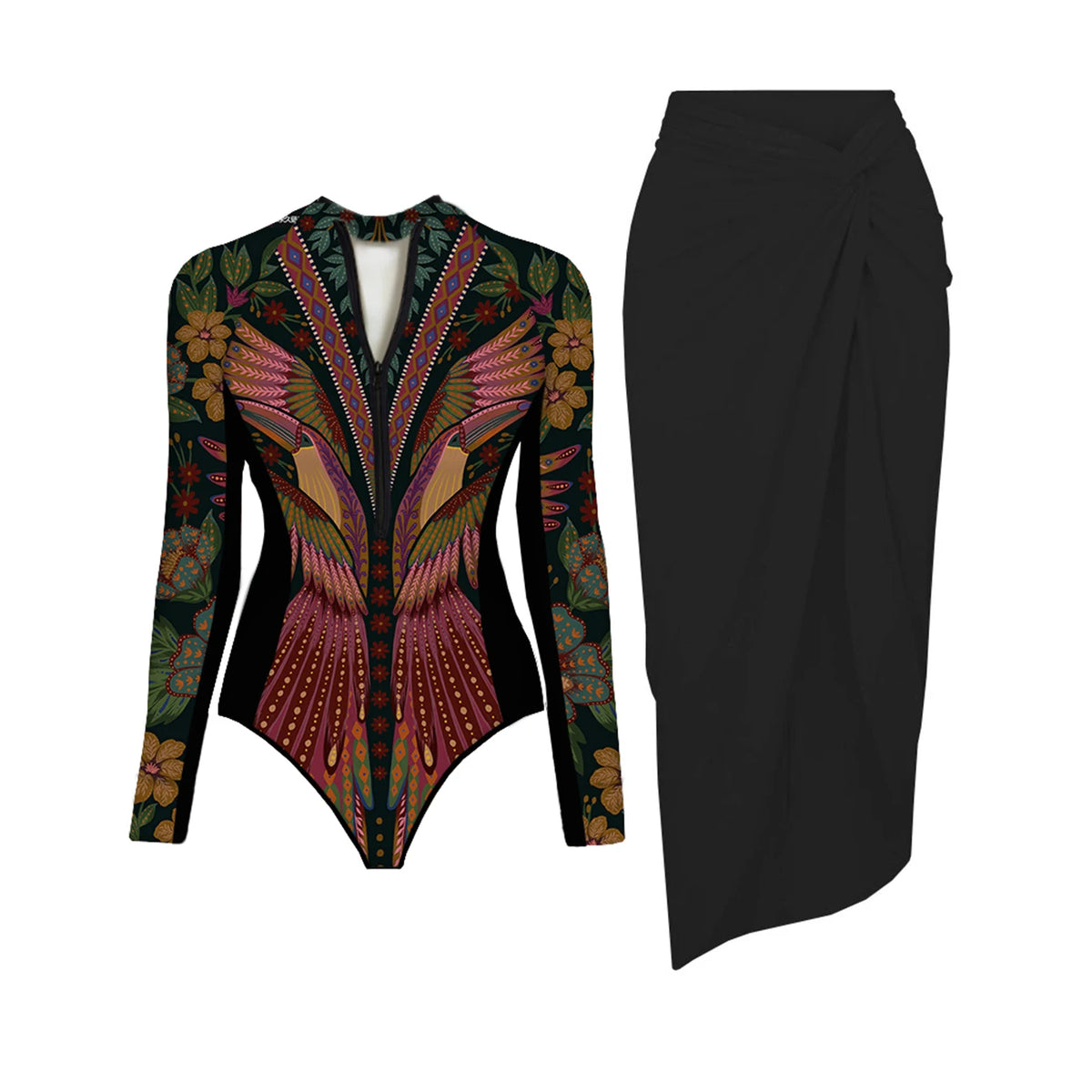 Black And Printed Long Sleeve Swimsuit With Cover Up Sexy Swimwear Women Surf Swim Suit Slimming Bathingsuit Bodysuit Beachwear