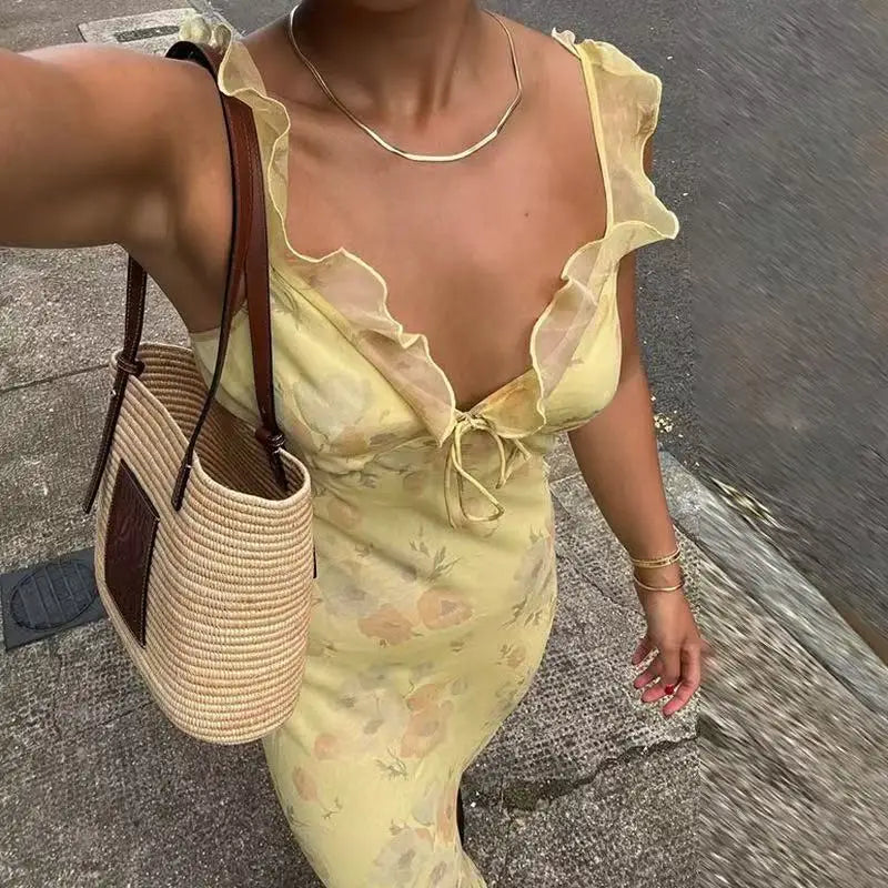 Sexy Elegant Flower Print Slim Long Dresses Women V-neck Low Cut Leace-up Backless Package Hip Bodycon Sleeveless Dress Female