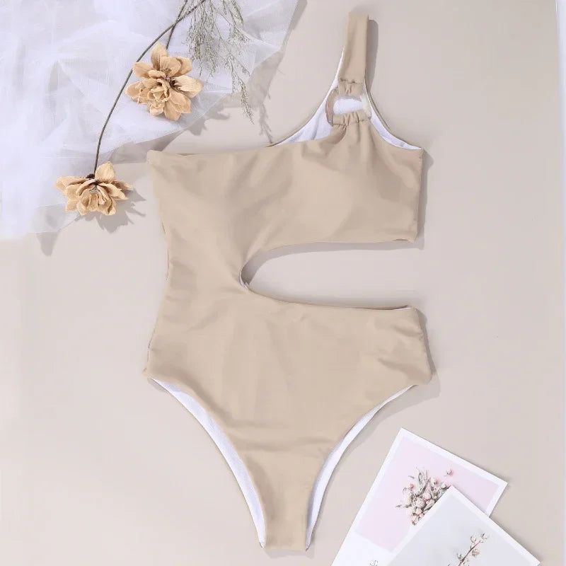 2026 One Shoulder Swimwear Women Solid Color Hollow Out One Piece Swimsuit Summer Beach Bathing Suit Backless Bodysuit Monokini