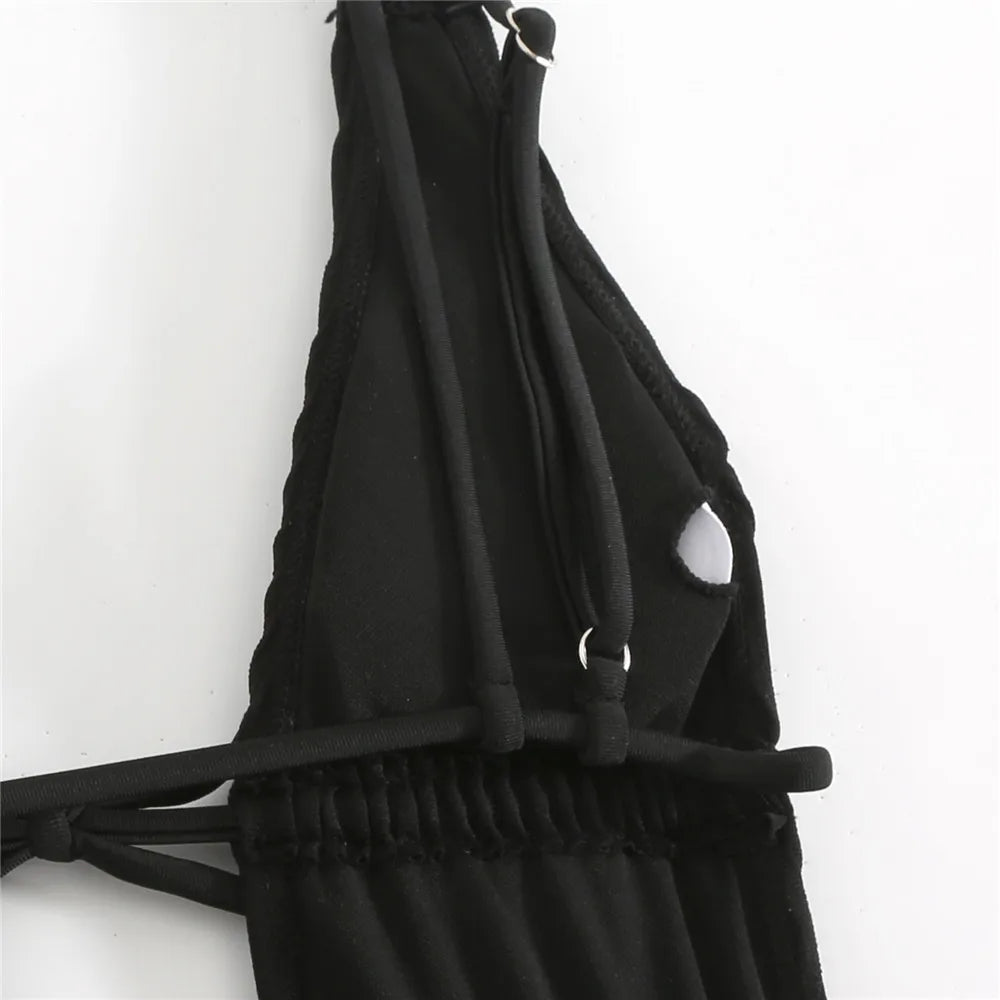 Sexy Backless One Piece Swimsuit Woman 2026 String Texture Swimwear Hollow Out Monokini High Cut Bathing Suit Deep V Neck Bather