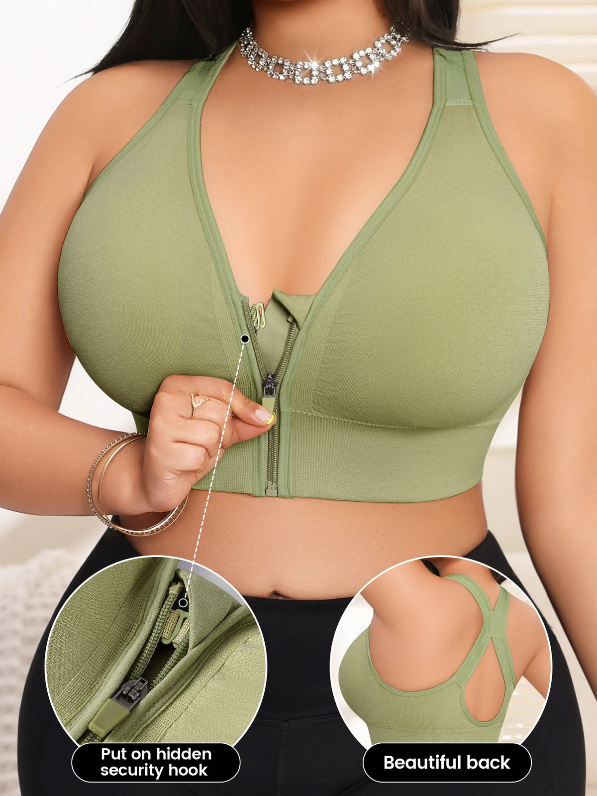 Women's Bra Plus Size Zip Front Yoga Sports Bra, X-Back Wirefree Removable Pads 1XL-4XL