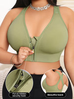 Women's Bra Plus Size Zip Front Yoga Sports Bra, X-Back Wirefree Removable Pads 1XL-4XL