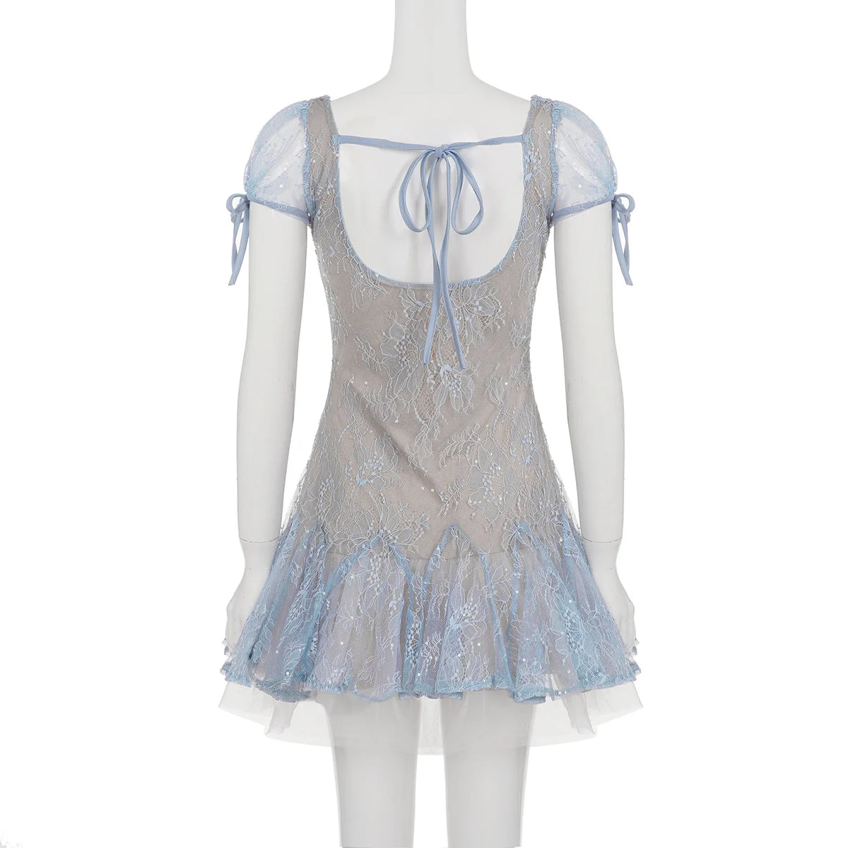 Dreamy and Western-style lace pleated princess dress with sparkling sequin design and puff-sleeved high-waisted dress.