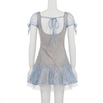 Dreamy and Western-style lace pleated princess dress with sparkling sequin design and puff-sleeved high-waisted dress.