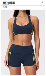 Tight Color Contrast Yoga Suit 2 Pieces Women V Neck Sports Bra Pleate High Waist Shorts Gym Running Fitness Suits Tracksuit