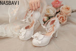 Women Girls Mary Janes 9cm High Heel Ankle Strap Pumps Sweet Chunky Buckle Princess White Sandals New Summer Large Size 33-48