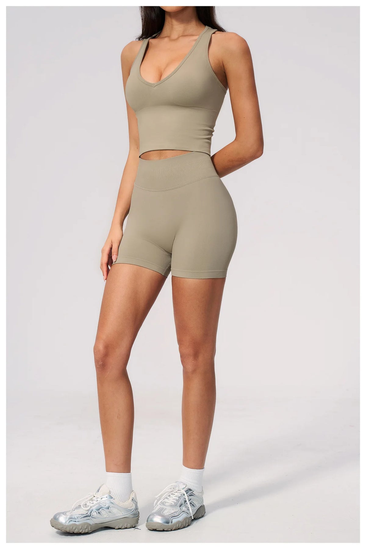 Seamless Gym Yoga Sets Women Breathable I-shaped Shock-absorbing Slim Sports Tank Top High Waist Shorts Training Fitness Suit