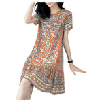 Summer Women Dress Half Sleeves Round Neck Retro Print A-line Big Hem Knee Length Loose Casual Daily Wear Vacation Midi Dress
