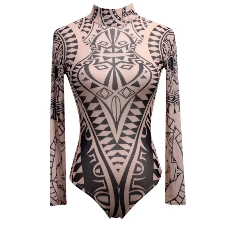 Women Mesh Bodysuits Vintage Ethnic Printed Long Sleeve Leotard Body Top See Through Sexy Club Overalls Shirts