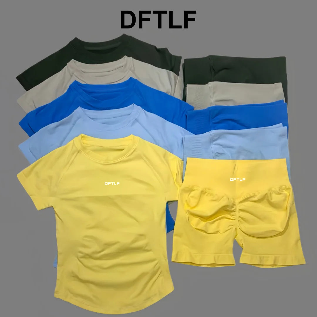 DFTLFWomen 2PCS Seamless Yoga Suit Short Sleeve Top High Waist Shorts Quick Dry Breathable Gym Fitness Running Workout Sport