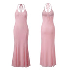 Summer Women's Sleeveless Fish Tail Dress Halter V Neck Bodycon Long Dress Gown Party Evening Elegant Sexy Streetwear