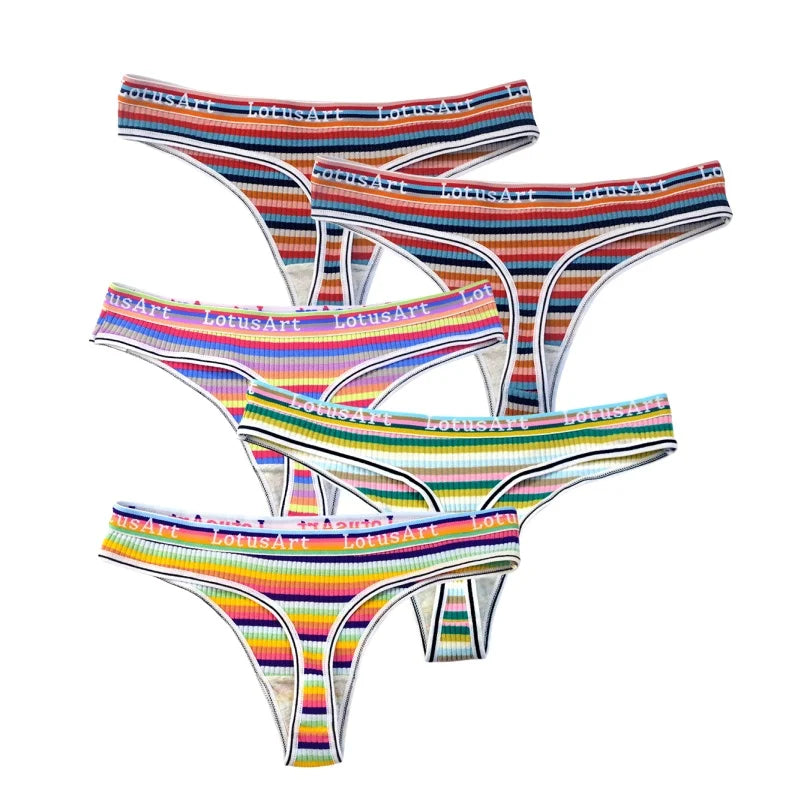 5Pcs/Set G-string Women Panties Female Low Waist Thongs Seamless Underwear Sexy Lingerie Rainbow Striped Cotton Underpants M-XL